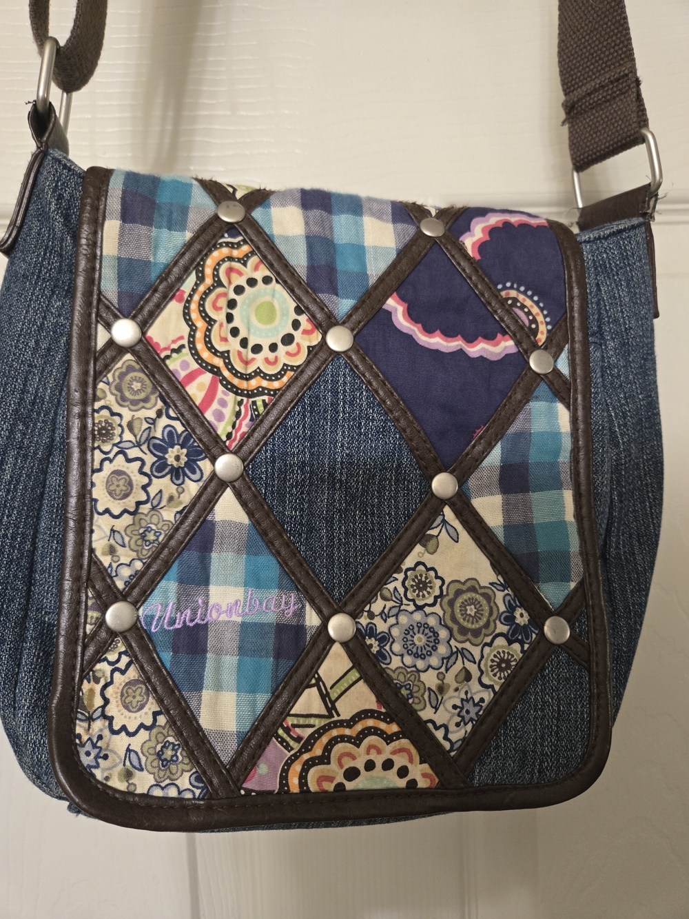 UnionBay Patchwork Plaid Crossbody Bag in Blue - Picture 2 of 8